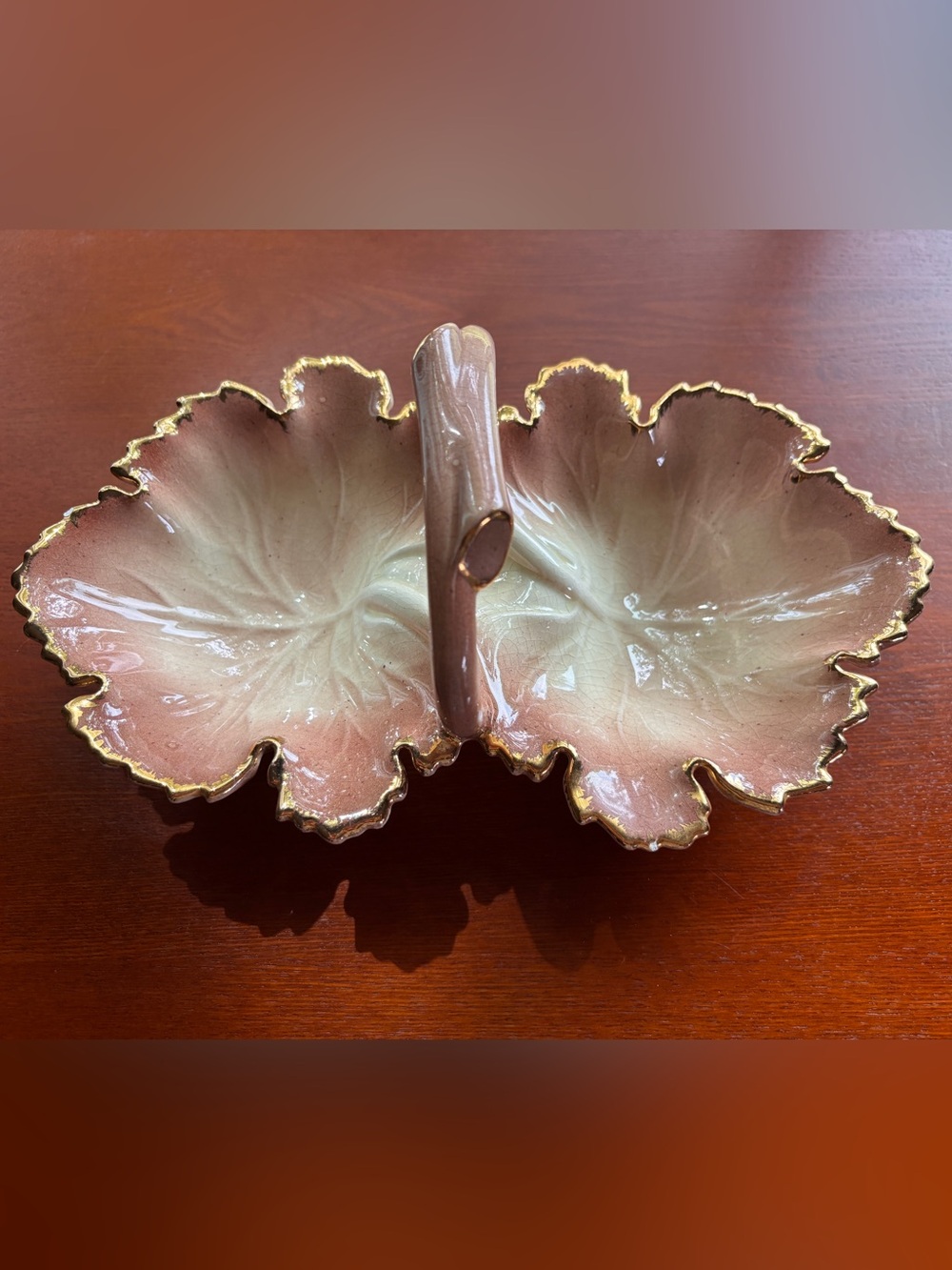 Vintage Holland Mold Double Leaf Candy Dish with Gold Trim Trinket Handmade 1957